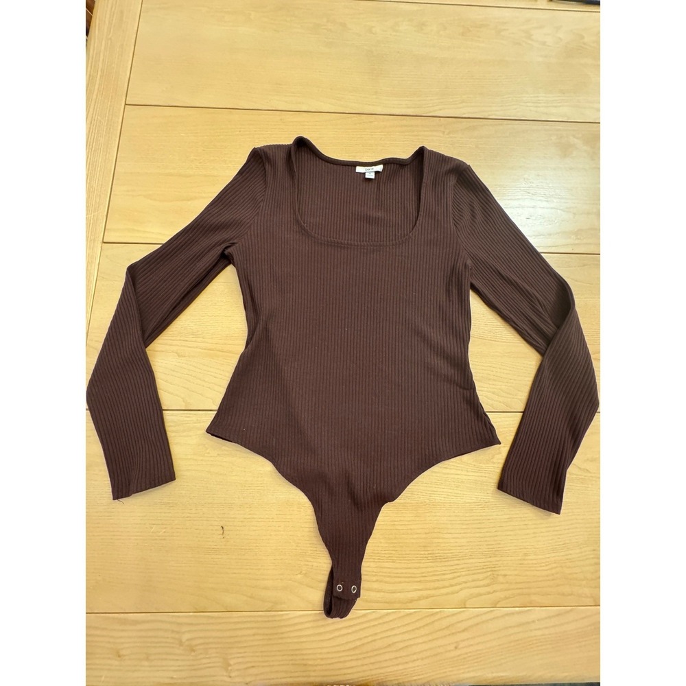 Bar III Ribbed Long Sleeve Bodysuit Women XL Brown Square Neck Minimalist Layers